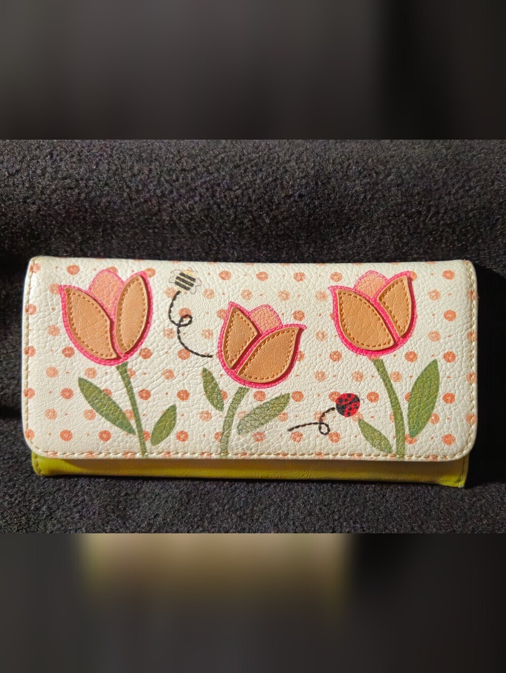 Kim Rogers Green, Pink & Cream w/Floral, Bee & LadyBug Design Tri-Fold Wallet